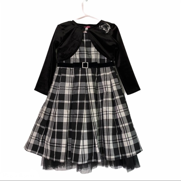 Girls Plaid Black/white fit flare Dress & cardigan Size 4 - Picture 1 of 12